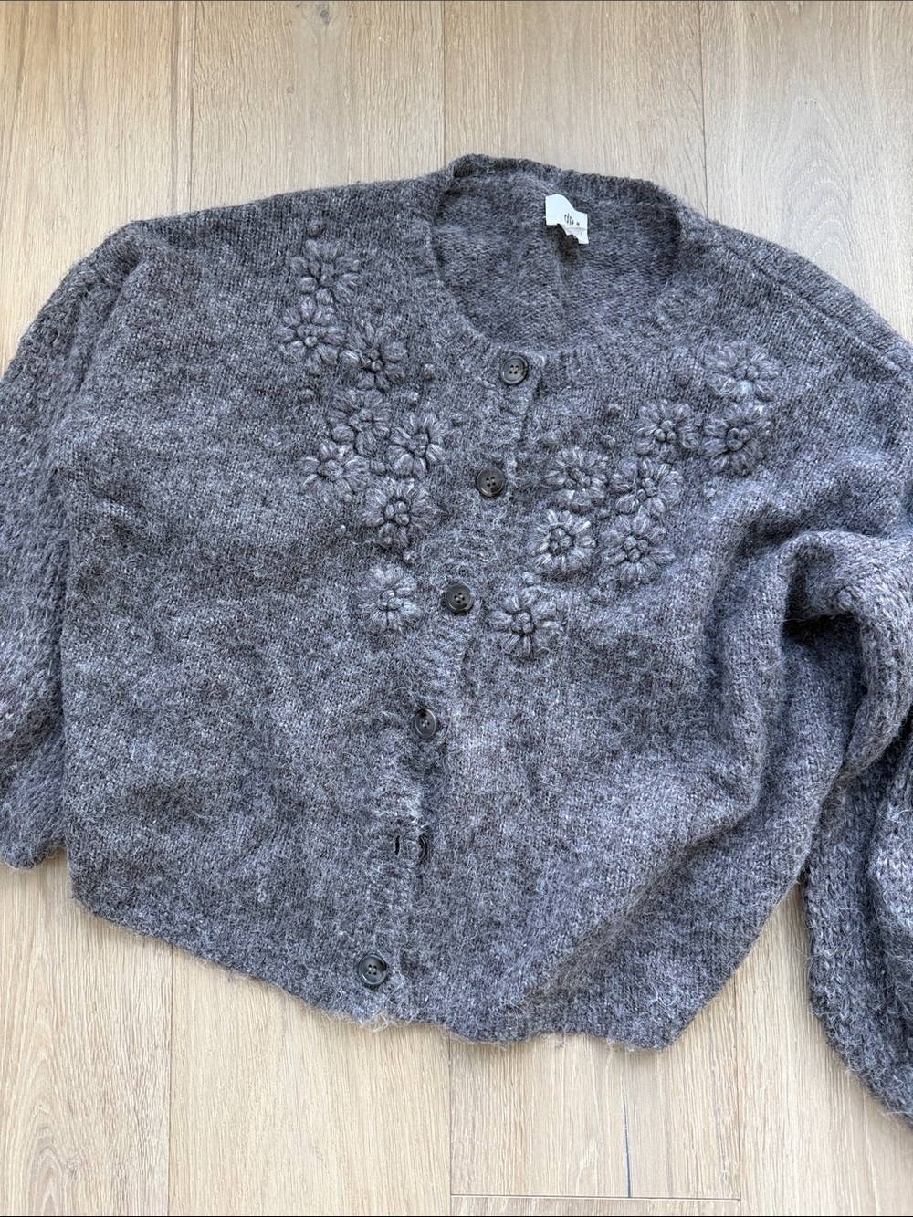 dRA Womens Gray Floral-Embroidered Button Cardigan Sweater